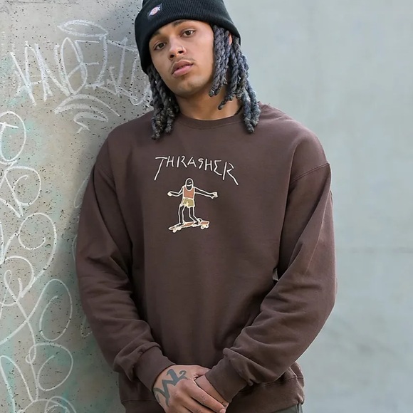 Thrasher Brown Crewneck Sweater with Skateboard Graphic - Picture 1 of 3